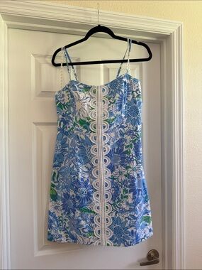 Lilly Pulitzer Shelli Stretch Blue Floral Lace-Trim Mini Dress